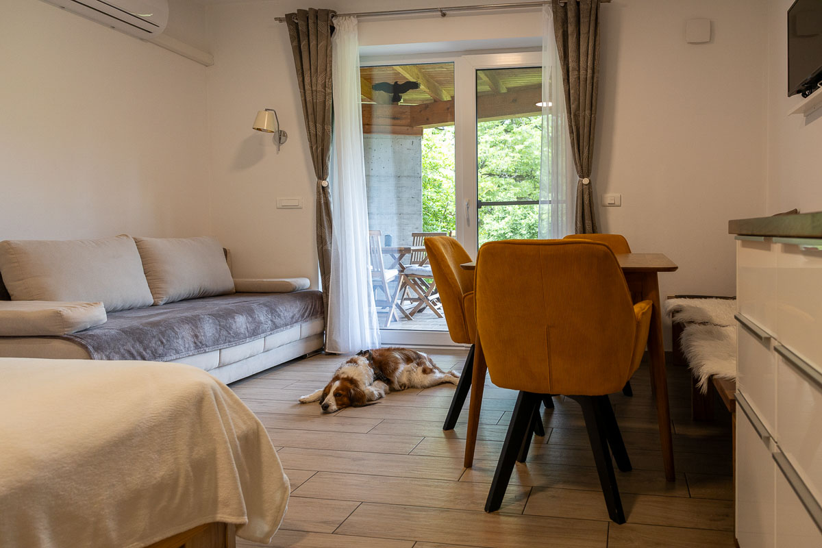Slaapbank en eettafel met stoelen